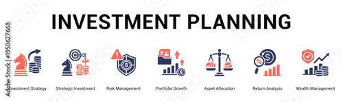 Investment Planning  Modern and clean web banner illustration vector featuring thematic icons