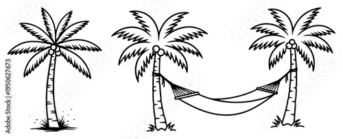 Tropical Palm Trees with Hammock Summer Beach Line Art Vector Set