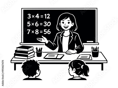 Woman teacher presenting math multiplication tables on a blackboard to young students in a primary school class