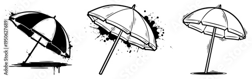Beach Umbrella Sketch Set Hand Drawn Summer Sunshade Line Art Vector