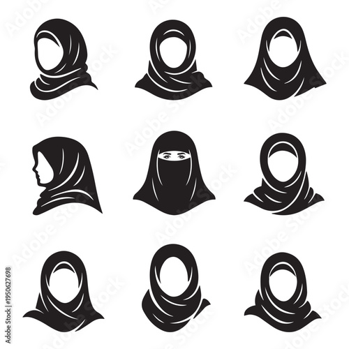 Set of 9 Black and White Muslim Women Headscarf Vector Icons for Hijab, Niqab, Burqa, and Chador Styles, Perfect for Cultural and Fashion Design