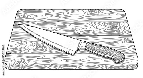 A sharp kitchen knife on cutting board.