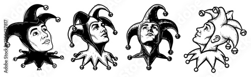 Jester head vector set Hand drawn vintage illustration of joker or fool character for tattoo or logo design