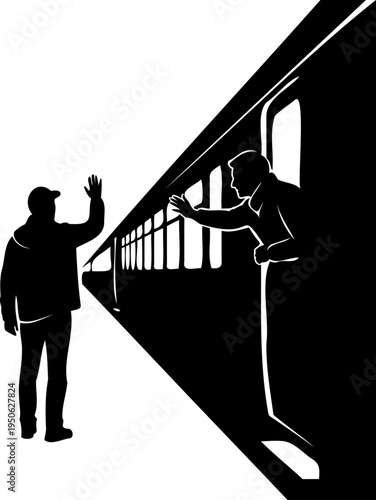 Man waving goodbye to person on train, farewell vector silhouette