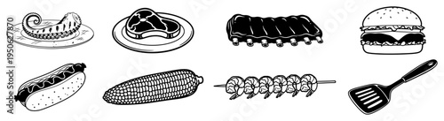 Barbecue and grill food icons vector set Hand drawn sketch of steak ribs burger and seafood for restaurant menu