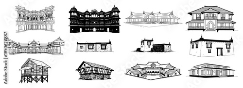 Traditional Architecture Houses and Historic Buildings Line Art Vector Collection