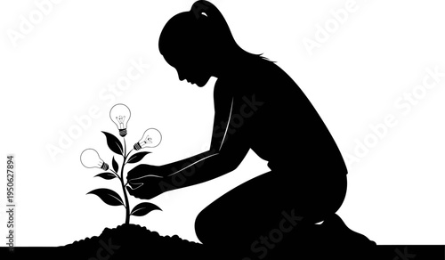 Woman planting light bulb tree, growing ideas and innovation vector
