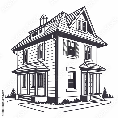 Two-story house with gable roof and covered porches windows