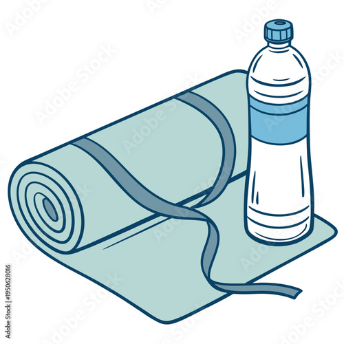 Rolled up yoga mat and water bottle on white background blue fitness