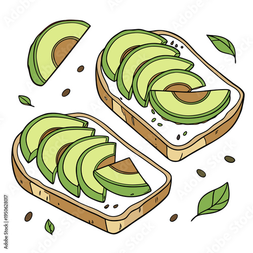 Avocado toast with sliced green avocados on white spread sliced avocado