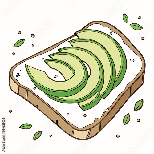 Single slice of toast with sliced avocado on white spread green