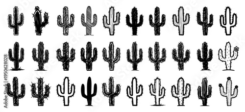 Cactus vector icon set Hand drawn sketch of Mexican desert saguaro plant in various styles