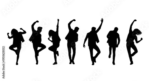Silhouettes of people dancing in various dynamic poses isolated on transparent background, Vector