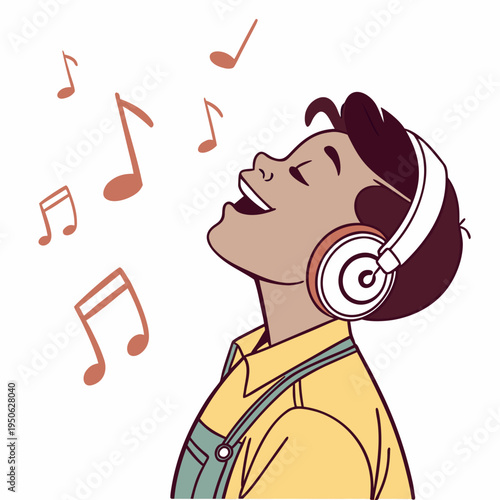 Cartoon boy wearing headphones with music notes on white background