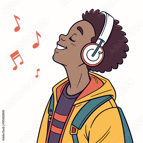 Cartoon man wearing headphones with music notes on white background