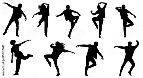 Dynamic silhouettes of dancers in various graceful poses isolated on transparent background, Vector
