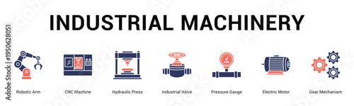 Industrial Machinery  Modern and clean web banner illustration vector featuring thematic icons