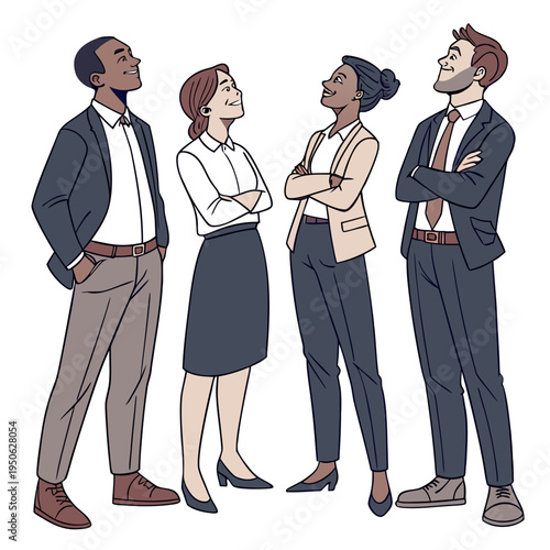 Four businesspeople standing and looking up in a cartoon style four people