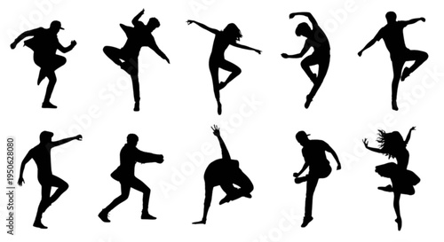 Dynamic silhouettes of dancers in various graceful and energetic poses isolated on transparent background, Vector