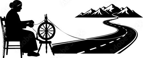 Traditional spinning wheel silhouette, winding road, mountain vector