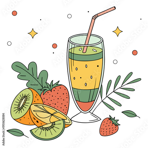 Colorful layered fruit smoothie with straw and fruit slices on white background