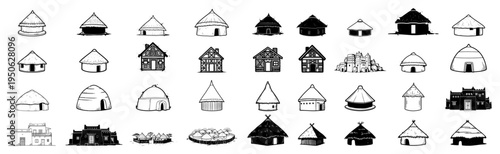 Traditional African huts and tribal houses vector set Hand drawn sketch of ethnic village architecture