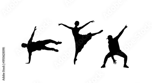Dynamic silhouettes of breakdancing poses in mid-motion isolated on transparent background, Vector