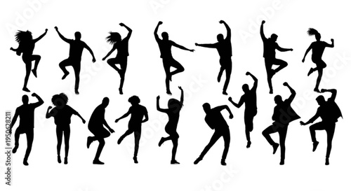 Diverse silhouettes of people dancing in various joyful and dynamic poses isolated on transparent background, Vector