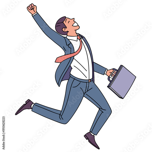 Businessman jumping with briefcase in hand feeling triumphant and happy