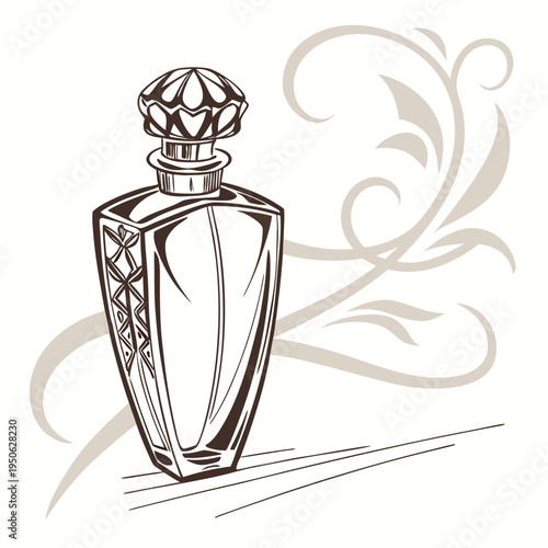 Perfume bottle with decorative stopper on white background isolated brown