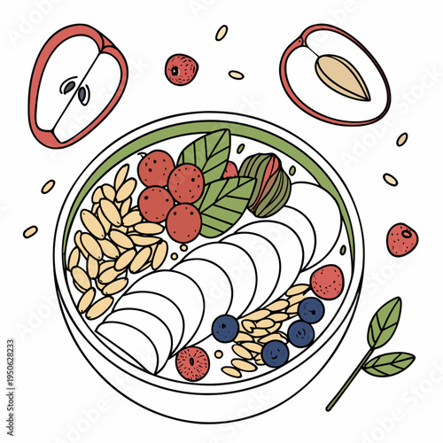 Bowl of oatmeal with fruit and granola on a white background breakfast