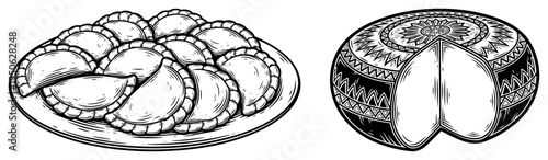 Polish cuisine pierogi dumplings and traditional bread vector illustration Hand drawn vintage sketch for restaurant menu