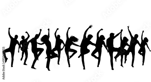 Dynamic silhouettes of people joyfully dancing in mid-air poses isolated on transparent background, Vector