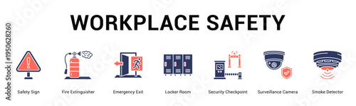Workplace Safety  Modern and clean web banner illustration vector featuring thematic icons