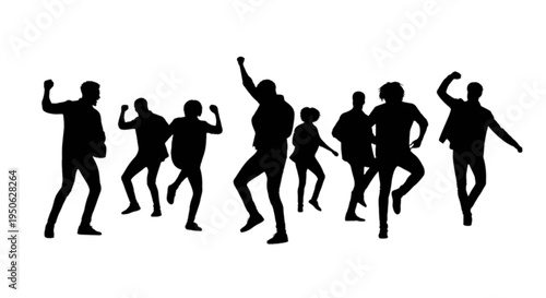 Dynamic silhouettes of people dancing in various joyful poses isolated on transparent background, Vector