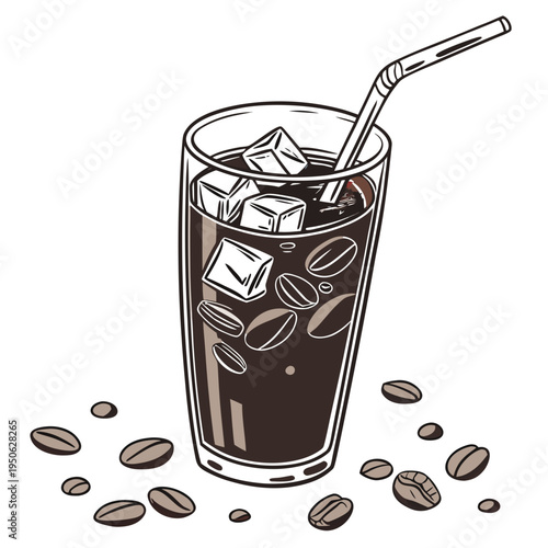 Black and white of iced coffee with straw and coffee beans on white background ice cubes