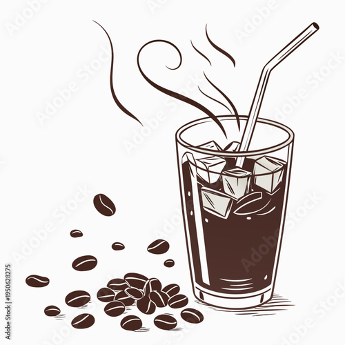 Steaming hot iced coffee with straw and coffee beans on white background