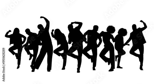 Group of silhouetted dancers in dynamic movement poses isolated on transparent background, Vector