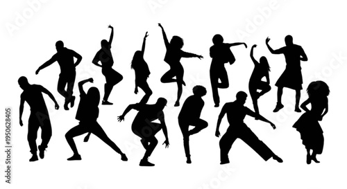 Diverse silhouettes of people performing various dance moves in mid-air isolated on transparent background, Vector