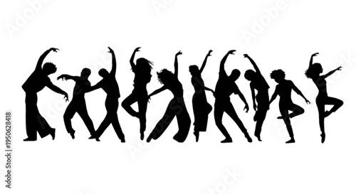 Silhouettes of dancers performing various energetic dance moves in unison isolated on transparent background, Vector