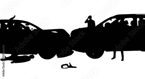 Silhouette of a person riding a horse beside a vintage car isolated on transparent background, Vector