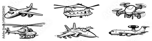 Aircraft and helicopter vector set Hand drawn sketch of airplane fighter jet drone and military transport