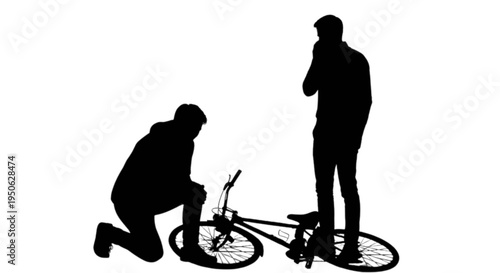 Person kneeling beside a fallen bicycle while another observes nearby isolated on transparent background, Vector
