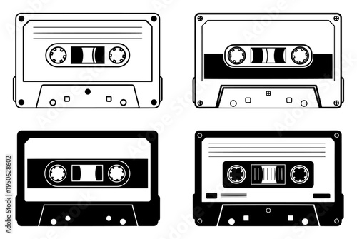 Audio cassette tape vector icon set Retro music media silhouette and outline collection from 80s and 90s