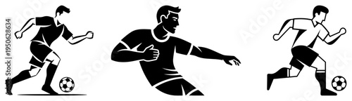 Soccer player silhouette vector set Football player in action kicking ball collection for logo or emblem design