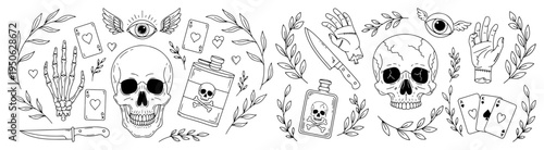 Occult Witchcraft Elements Skull Hand Poison Eye Knife Cards Line Art Vector Set
