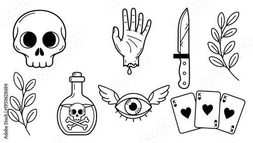 Occult Doodle Icons Skull Hand Poison Eye Knife Leaves And Cards Vector Set