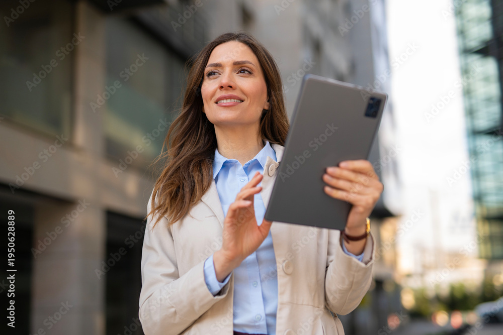 Fototapeta premium Businesswoman using digital tablet walking in city