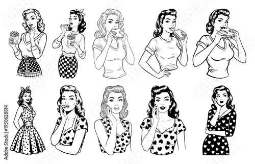 Retro pin up girl eating burger and fries vector set Vintage pop art woman portrait collection in comic style