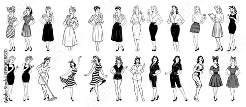 Big collection of retro pin up women in full body poses Vintage 1950s housewife character set in pop art comic style